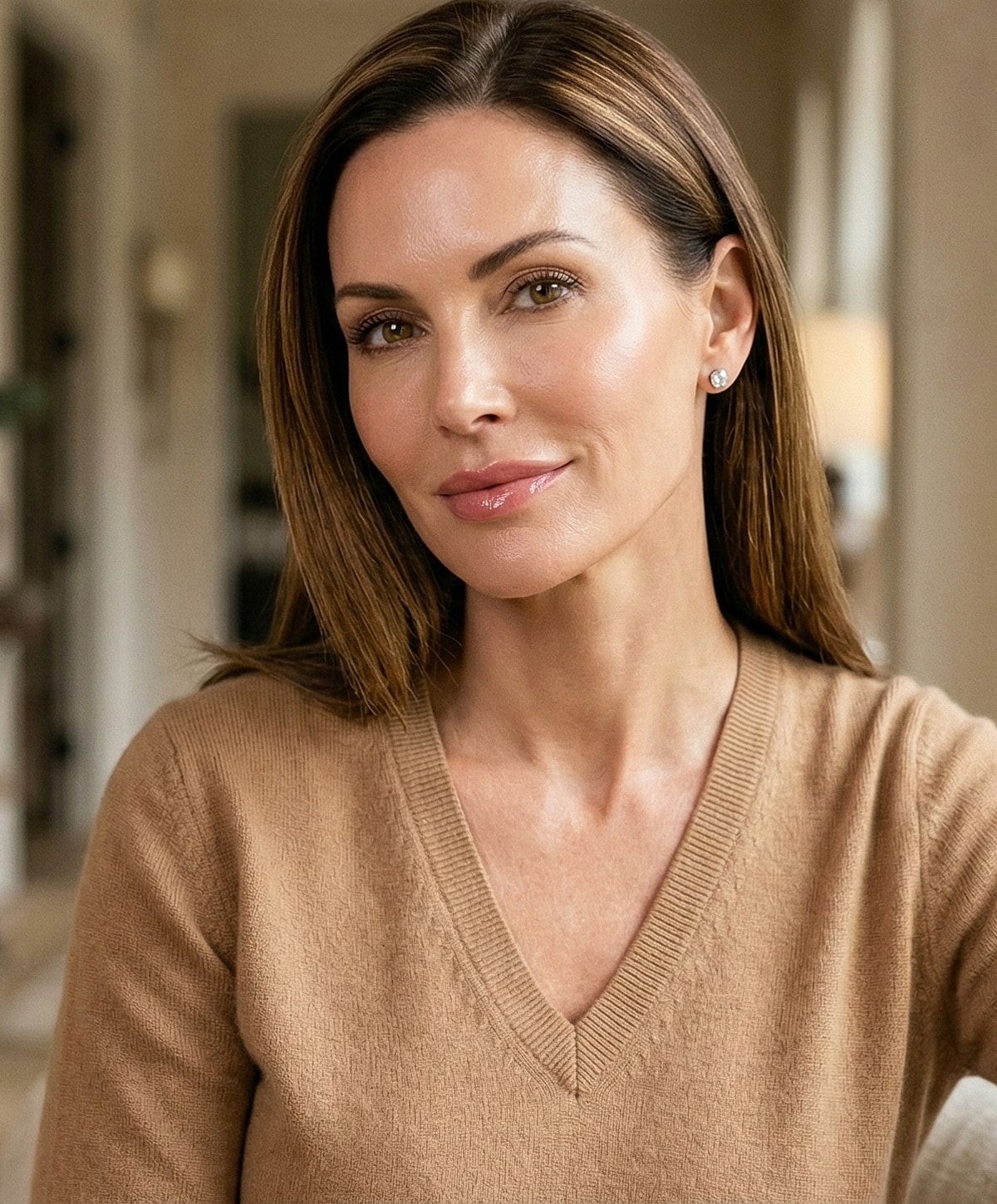Woman in a beige sweater, looking thoughtfully.