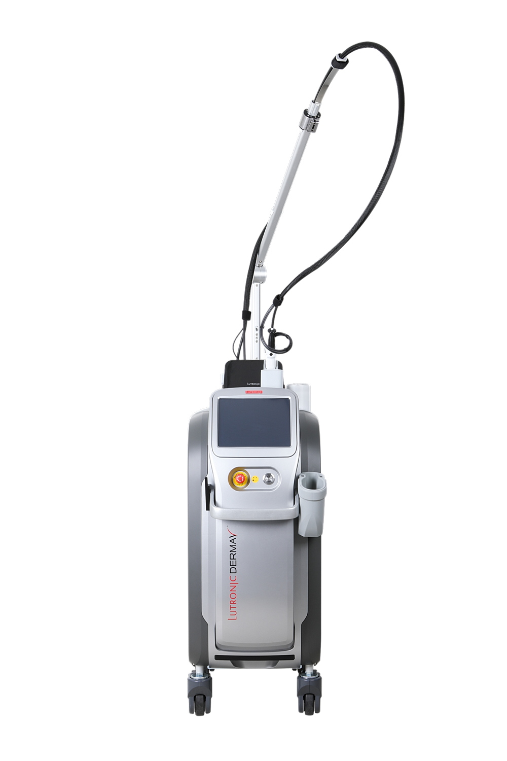 Medical laser device with adjustable arm and controls.