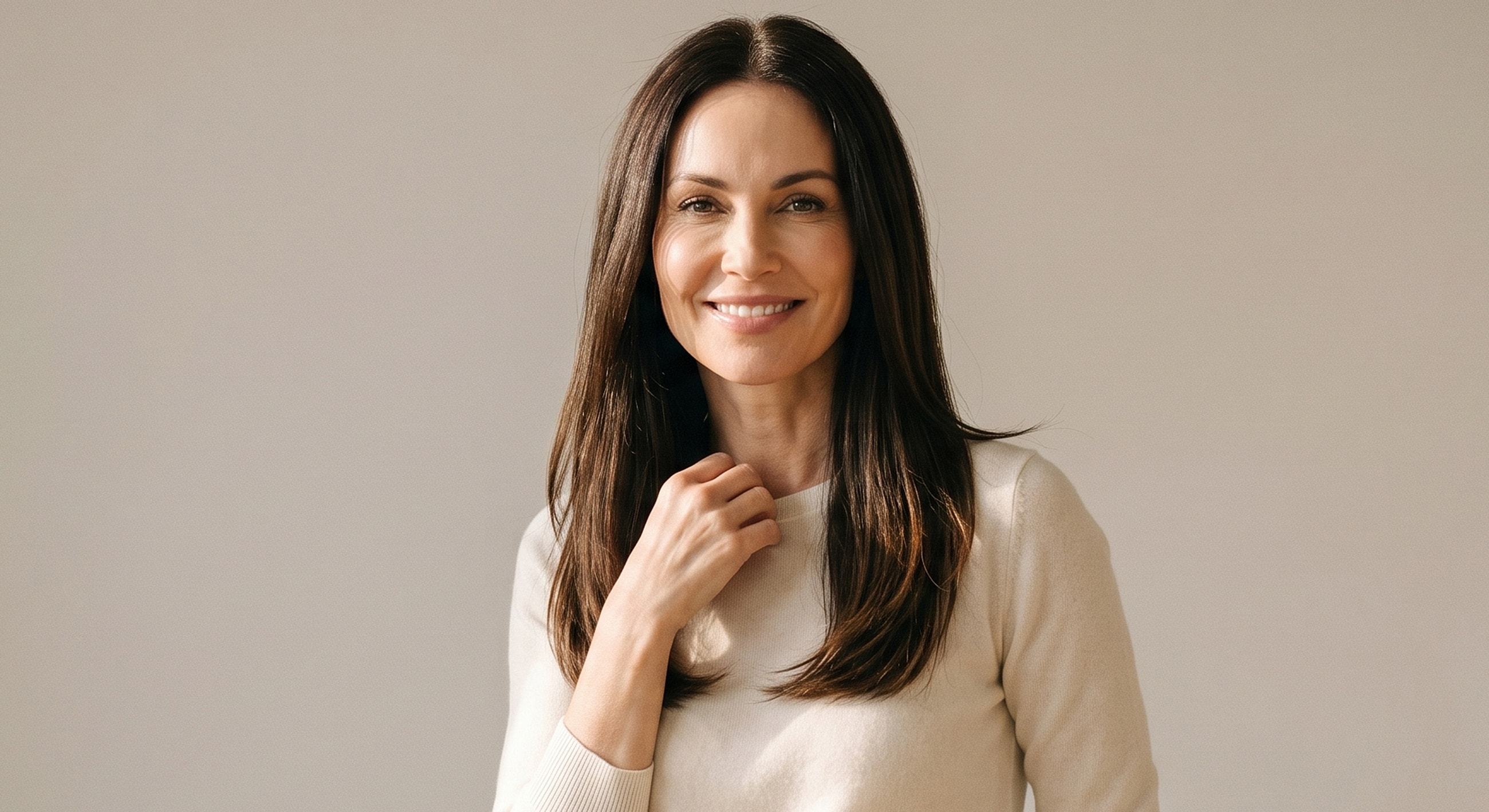 Smiling woman with long, dark hair and sweater.