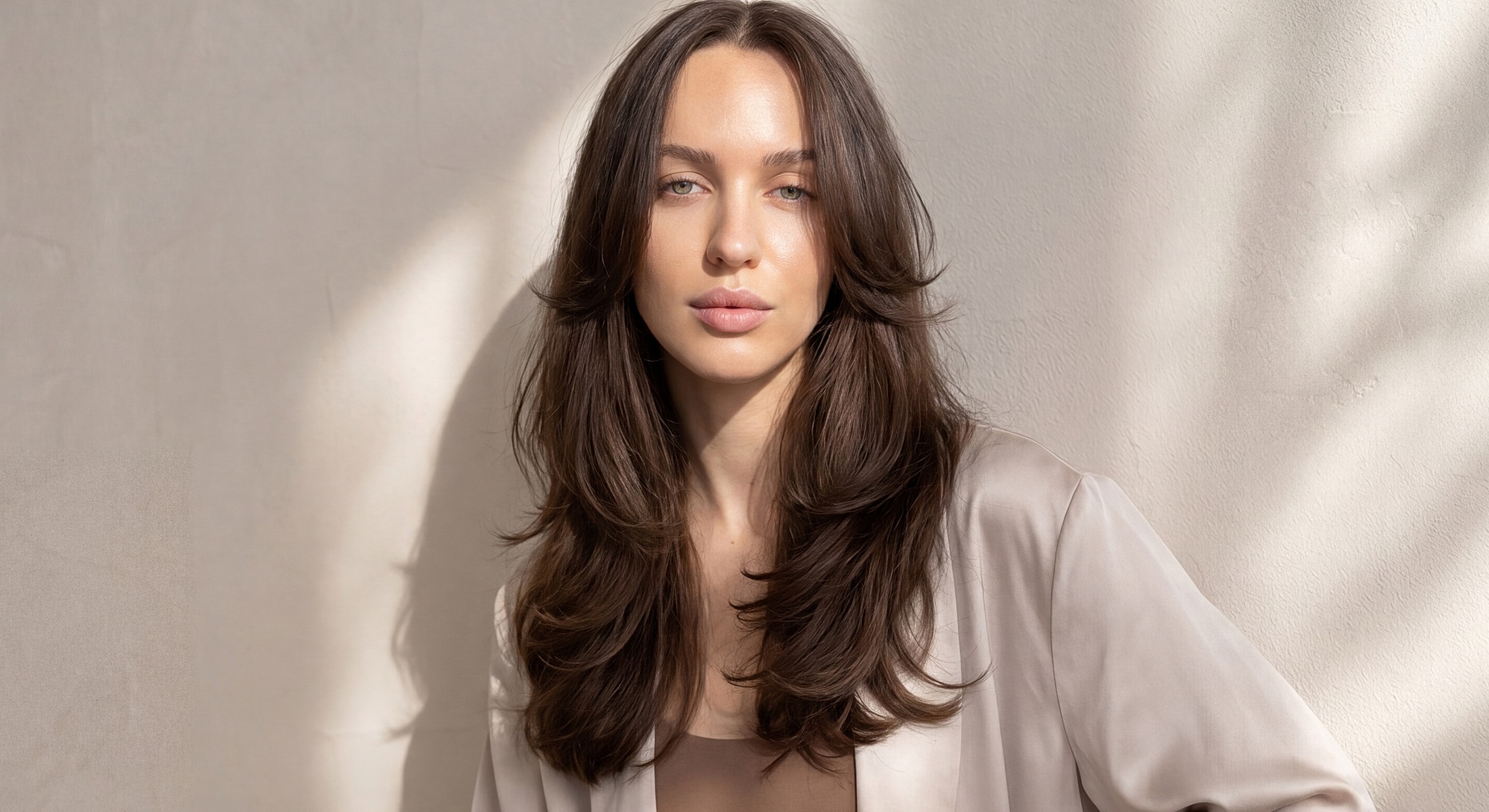 Woman with long hair in soft lighting.