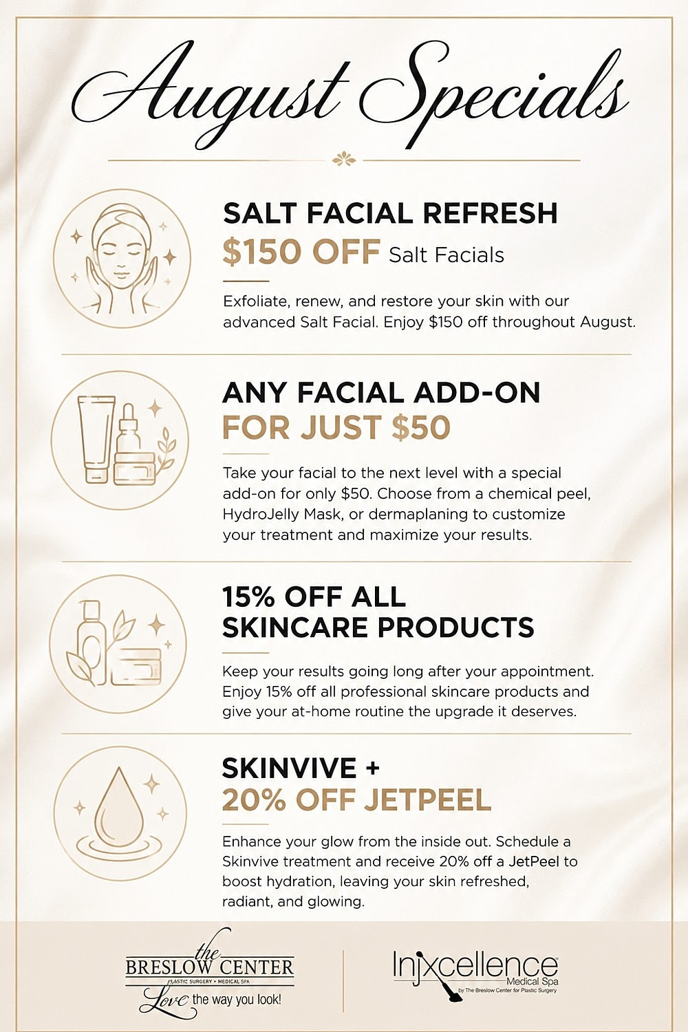 August skincare specials and discounts at Breslow Center